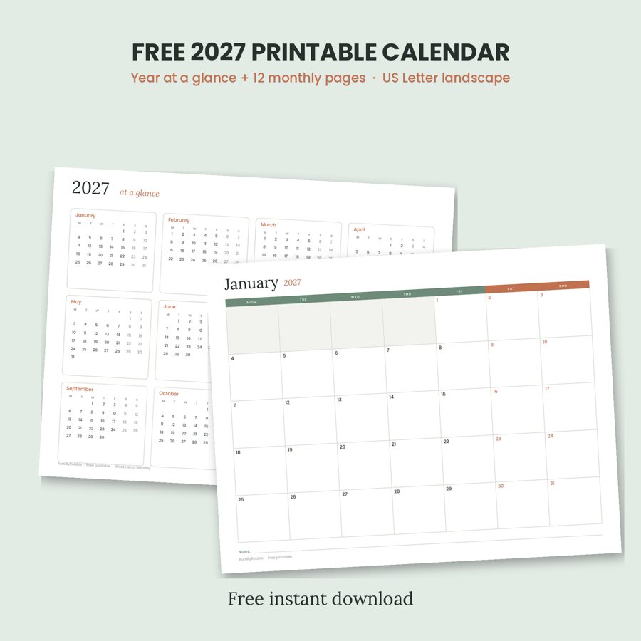 Free 2027 printable calendar pages