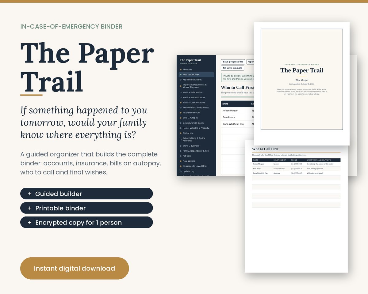 The Paper Trail in-case-of-emergency binder: guided builder and printable binder